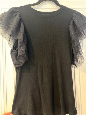 Black Puff Sleeve Dot Mesh Top